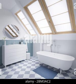 Bagno moderno e color pastello con grande finestra in rendering 3d Foto Stock