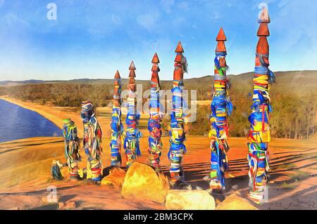 Totem poli sul lago Baikal riva pittura colorata assomiglia a immagine, Russia Foto Stock