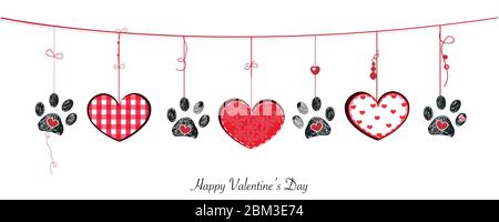Stampe zampa nera con splendidi cuori retrò appesi. Felice San Valentino banner stile elemento di disegno vettoriale. Buon San Valentino saluto Illustrazione Vettoriale