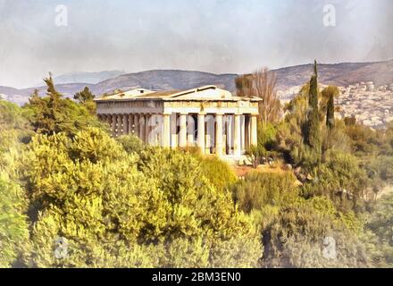 Tempio di Efesto dipinto colorato sembra immagine, Atene, Grecia Foto Stock