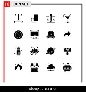 Confezione da 16 Creative Solid Glyps di Set, Ban, disegno, limone, cocktail elementi Editable Vector Design Illustrazione Vettoriale