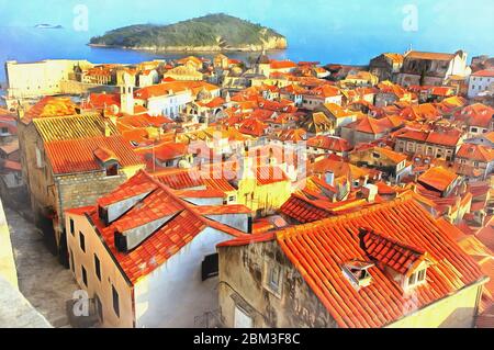 Vista città vecchia pittura colorata sembra foto, Dubrovnik, Croazia Foto Stock