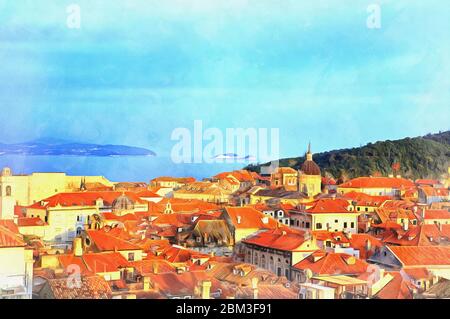 Vista città vecchia pittura colorata sembra foto, Dubrovnik, Croazia Foto Stock