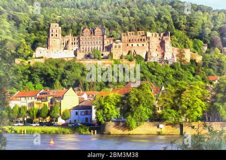 Il dipinto colorato del castello di Heidelberg sembra una foto, Heidelberg, Baden-Wurttemberg, Germania Foto Stock