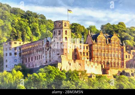 Il dipinto colorato del castello di Heidelberg sembra una foto, Heidelberg, Baden-Wurttemberg, Germania Foto Stock