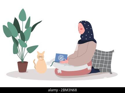 Donna musulmana che legge quran seduta durante Ramadan kareem. Vettore flat illustrazione delle attività islamiche Illustrazione Vettoriale