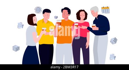 pausa caffè persone che tengono bere caffè in una tazza chiacchierando con amici e colleghi. stile moderno concetto di illustrazione cartoni animati Illustrazione Vettoriale