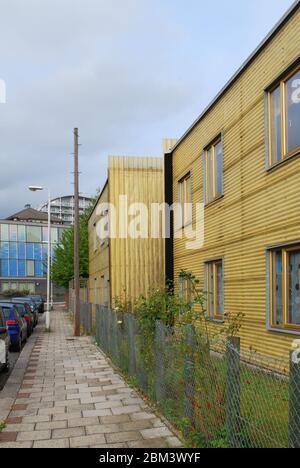 Contemporaneo 2000 a basso costo conveniente legno ondulato fibra di vetro Peabody Housing Houses Boxley Street, Newham, London, E16 2AN Ash Sakula Architect Foto Stock