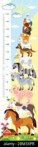 Altezza metro con piramide di animali da fattoria cartoni animati vettoriali illustrazione in stile piatto. Misurazione vettoriale su scala verticale con animali cute per bambini. Illustrazione Vettoriale
