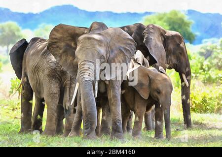 Pittura African Elephant colorato sembra immagine, Loxodonta africana, Tanzania, Africa Orientale Foto Stock