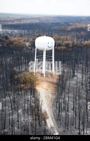 Bastrop County Texas USA, 2011 settembre: Aereo di danni da incendio in cui gli incendi la scorsa settimana hanno causato 38.000 ettari e più di 1.500 case con due morti segnalati. Gli alberi del Bastrop state Park sono stati i più colpiti con oltre il 95% del parco annerito o distrutto. ©Bob Daemmrich Foto Stock