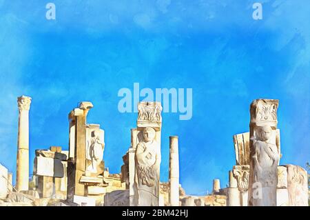 Rovine di antichi Efeso dipinto colorato sembra immagine, Selcuk, provincia di Izmir, Turchia Foto Stock