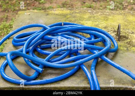 Tubo di plastica arrotolato vicino alla valvola dell'acqua per l'uso innaffiando le piante e il giardino. Foto Stock