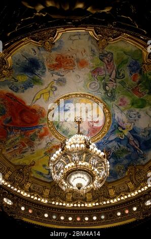 L'auditorium che si inumidisca dipinto da Marc Chagall con il lampadario dell'auditorium.Palais Garnier Opera National de Paris.Paris.France Foto Stock