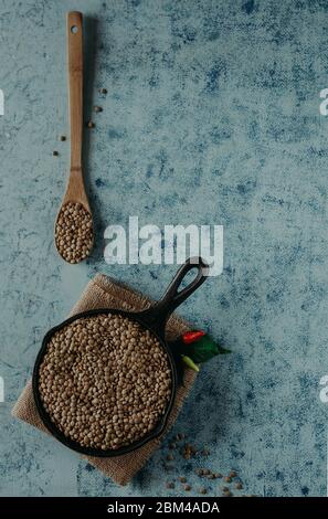 Lentil Beads. Cereali di lenticchie in ciotola e cucchiaio. Foto Stock