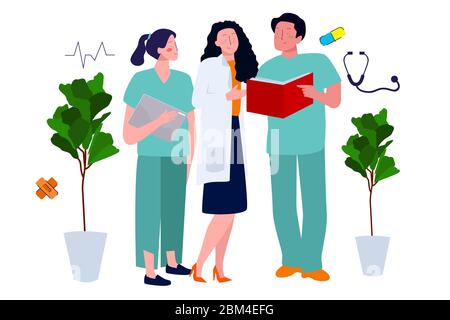 medici e infermieri discutono la diagnosi della malattia guardando i record medici del paziente moderno concetto di illustrazione vettoriale di medico Illustrazione Vettoriale