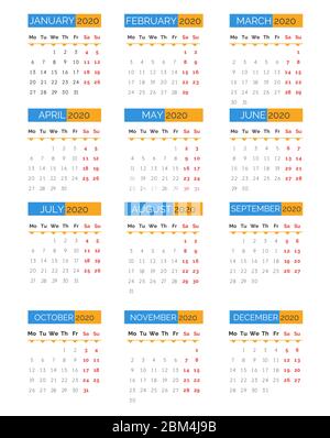 Organizzatore per 2020 anni con mesi, settimane e giorni Illustrazione Vettoriale