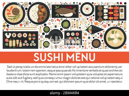 Menu sushi, banner di cucina giapponese con vettore di testo Illustrazione Vettoriale