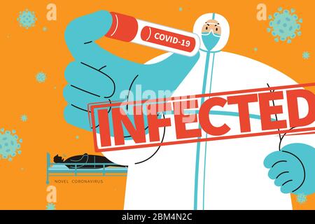 Un uomo con tuta e occhiali di protezione che tiene un risultato positivo dell'esame del sangue, rappresentando la nuova rapida diffusione di COVID-19 Illustrazione Vettoriale