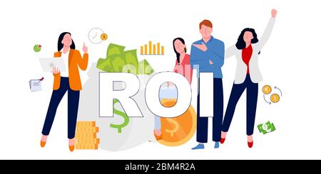 Le persone d'affari felici di ottenere il ritorno sull'investimento ottenere il ritorno. Concetto di illustrazione vettoriale della ROI. Illustrazione Vettoriale