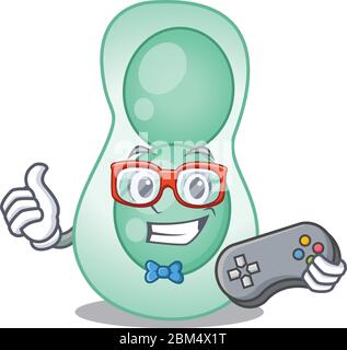 Mascot design concetto di serratia marcescens gamer utilizzando controller Illustrazione Vettoriale