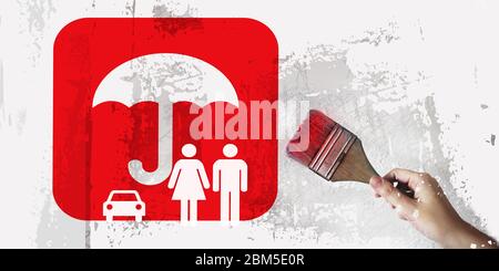 Ombrello sopra un auto, uomo e donna simboli in rosso e pennello. Assicurazione sulla vita e assicurazione auto Foto Stock
