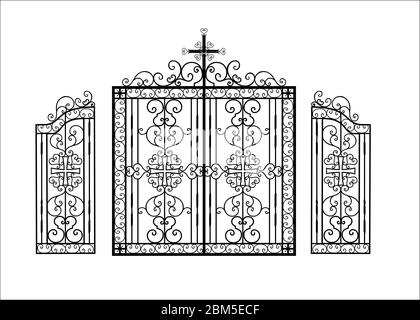 Cancelli in ferro battuto per un tempio o una chiesa. Modello di religione cristiana. La recinzione è fatta di metallo. Arte forgiatura a caldo. Illustrazione vettoriale.. Illustrazione Vettoriale