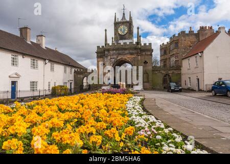 Ingresso al castello di Auckland a Bishop Auckland,Co.Durham,l'Inghilterra,UK che mostra il colore giallo brillante fiori e Moody Blue Skies Foto Stock