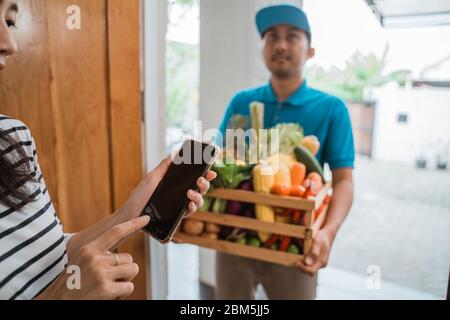 shopping online della drogheria. uomo di consegna che consegna il cibo ad una persona a casa Foto Stock