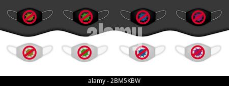 Set di maschere facciali con immagini eleganti di stop virus. Modello. Illustrazione vettoriale di stock isolato Illustrazione Vettoriale