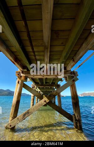 Sotto un molo di legno a Elmslie Bay, French Pass Marlborough, Nuova Zelanda Foto Stock