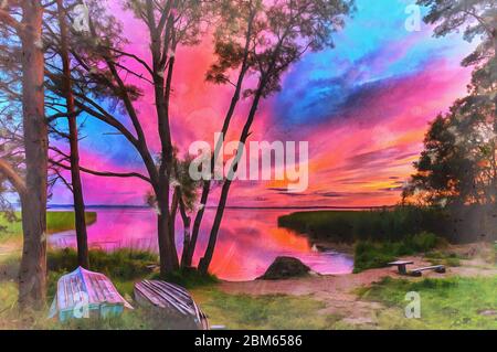 Bellissimo tramonto colorato sulla riva del lago con barche in primo piano dipinto colorato sembra immagine Foto Stock