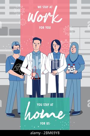 Team di medici e infermieri con esperienza ospedaliera. Illustrazione vettoriale in stile 2D piatto e messaggio di soggiorno a casa. Illustrazione Vettoriale