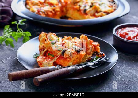 Una porzione di torta di pollo tamale o casseruola di pollo con crosta di masa, formaggio cheddar, fagioli neri con salsa di pomodoro caldo servita su un pla Foto Stock