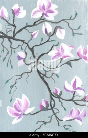 Fiori Magnolia. Immagine di dipinto a mano. Magnolia fiore acquerello illustrazione. Fioritura floreale tenera. Foto Stock