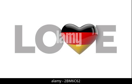 Amore Germania bandiera a forma di cuore con parola d'amore. Rendering 3D Foto Stock