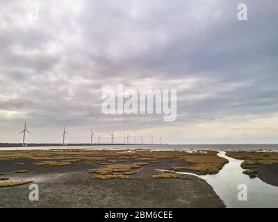 Gaomei wetland un'attrazione turistica con generatore di elettricità a vento sullo sfondo Foto Stock