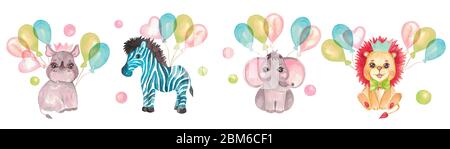 Illustrazione acquerello di un cucciolo carino di leone, Zebra, rinoceronte, elefante. Personaggio festoso in una corona, arco, volo pallone Safari animale per invitat Foto Stock