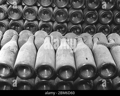 Rack di bottiglie di vino e champagne molto vecchi immagazzinati in cantine francesi sotterranee. Foto Stock