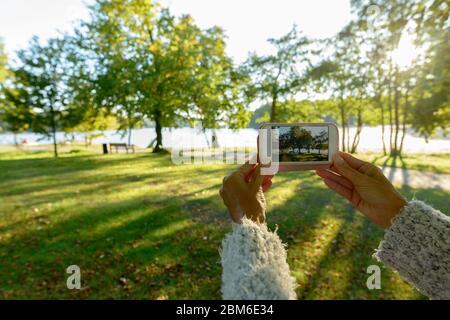 Mani di donna matura che scattano foto con il telefono al parco Foto Stock