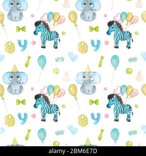 Disegno senza cuciture Watercolor illustrazione di un simpatico bambino Zebra, elefante festivo personaggio in una corona, arco, pallone d'aria Safari animale per invito ca Foto Stock