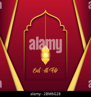 Felice eid mubarak biglietto di auguri design. Mese del digiuno per i musulmani. Con lanterne dorate appese e un bel colore rosso. Illustrazione Vettoriale
