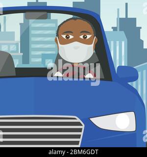 Guida auto maschio nero con maschera guanti bianchi tenuta volante in auto blu con città sullo sfondo. Illustrazione Vettoriale