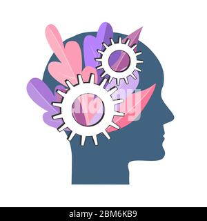 Concetto di vettore di sviluppo personale. Simbolo NLP, elaborazione del linguaggio naturale, idea di crescita mentale. Testa umana con ingranaggi e albero Illustrazione Vettoriale