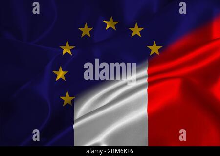 Bandiera UE e bandiera Francia su tessuto satinato. Foto Stock
