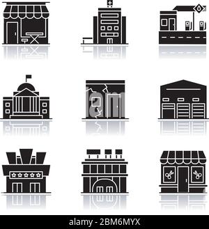 Esterni di edifici urbani ombra ombra gocce nero glyph icone set Illustrazione Vettoriale