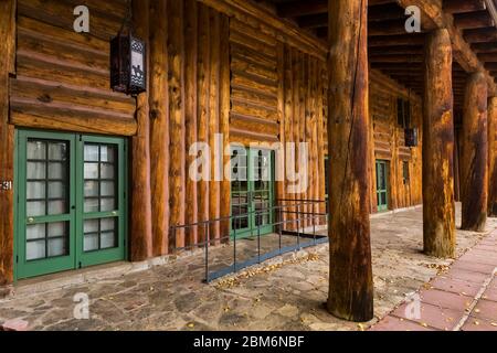 Dettagli del Fuller Lodge, parte della Los Alamos Ranch School di Los Alamos, che era una sede per il progetto Manhattan della seconda guerra mondiale, che bir Foto Stock