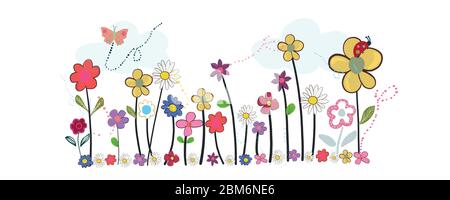 Primavera tempo cartone animato colorato doodle fiori stile banner. Astratto colorato floreale sfondo vettoriale Illustrazione Vettoriale