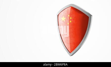 Protezione e concetto di salvaguardia. Armatura in acciaio lucido dipinta come bandiera nazionale cinese. Icona del badge di sicurezza. Banner sulla privacy. Etichetta di sicurezza Foto Stock