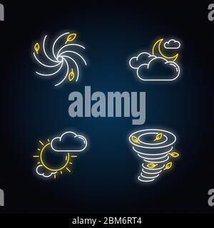 Icone delle luci al neon di avvertimento meteorologico impostate Illustrazione Vettoriale